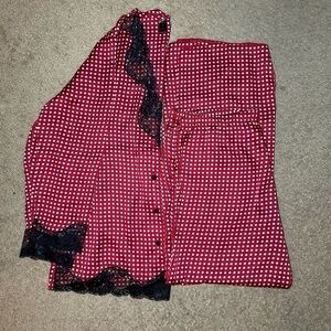 Fredericks of Hollywood Satin Pajama Set- Red & White Polka Dots Black Lace Med